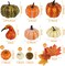 14 Pieces Artificial Lifelike Simulation Mixed Pumpkins Fake Pumpkins with 30 Pieces Fake Maple Leaves for Thanksgiving Fall Harvest Home Decoration.